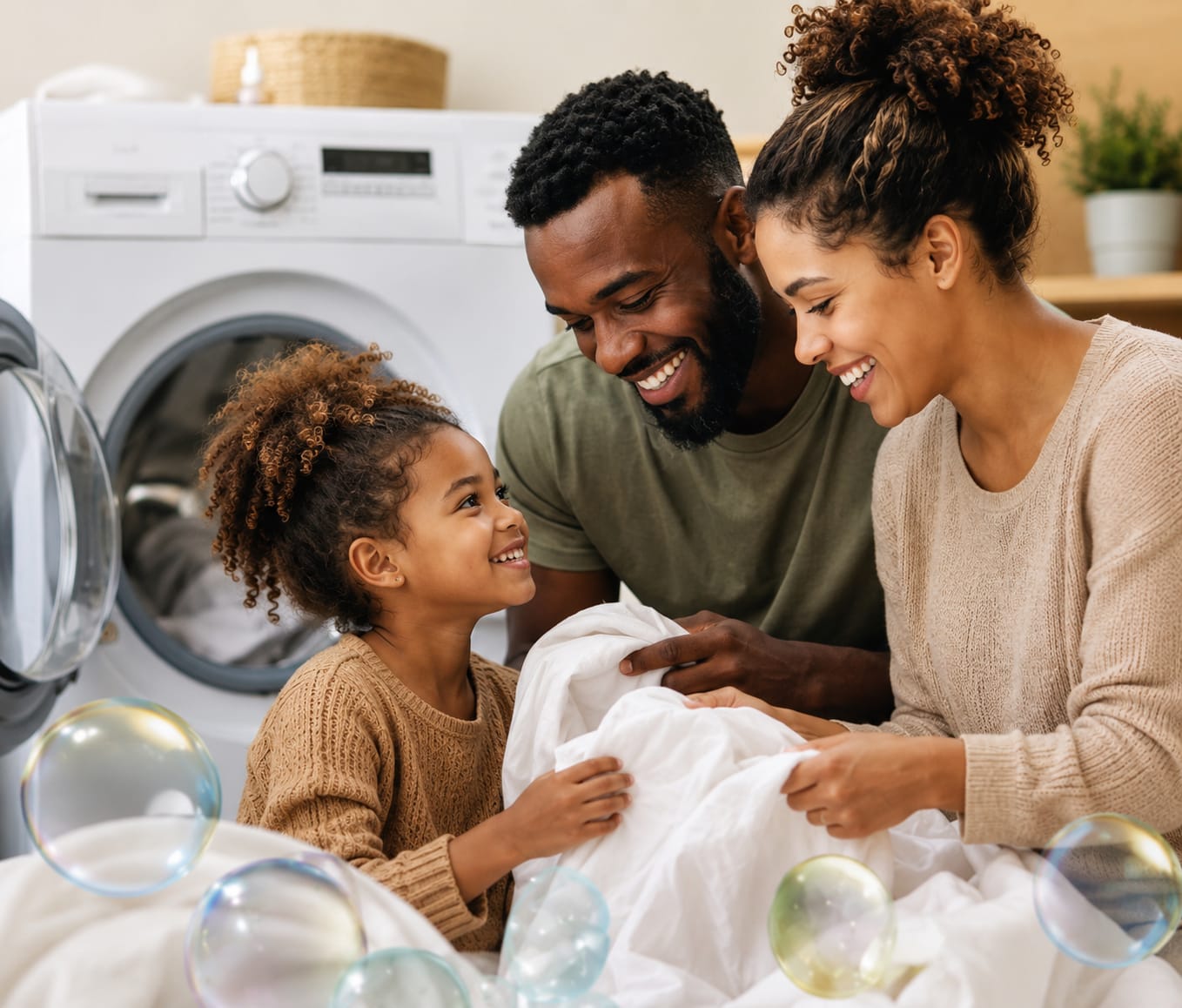 Family loading fresh laundry into a washing machine